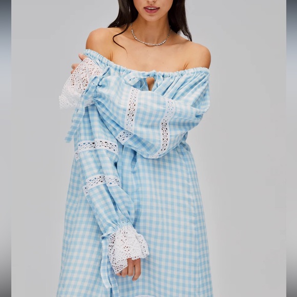Sleeper Gingham Romantica Lounge Dress in Blue Vichy Crochet Details - Picture 1 of 5